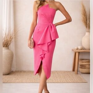Elliatt Reception Strapless Wedding Guest Midi Dress in Fuchsia